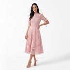 Rivaclo | Femme Robe Midi en Dentelle Florale – Col Montant