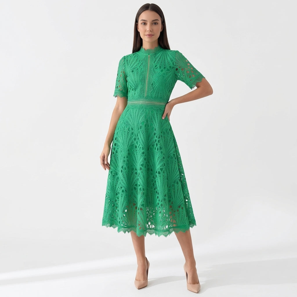 Rivaclo | Women's Floral Lace Midi Dress – High Neck