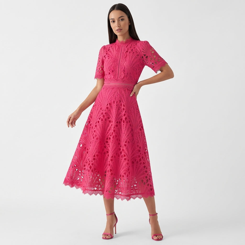 Rivaclo | Women's Floral Lace Midi Dress – High Neck