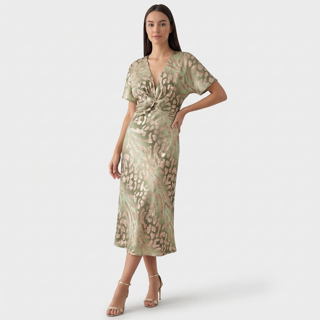 Rivaclo | Femme Robe Maxi Imprimée à Décolleté V Profond – Manches Courtes
