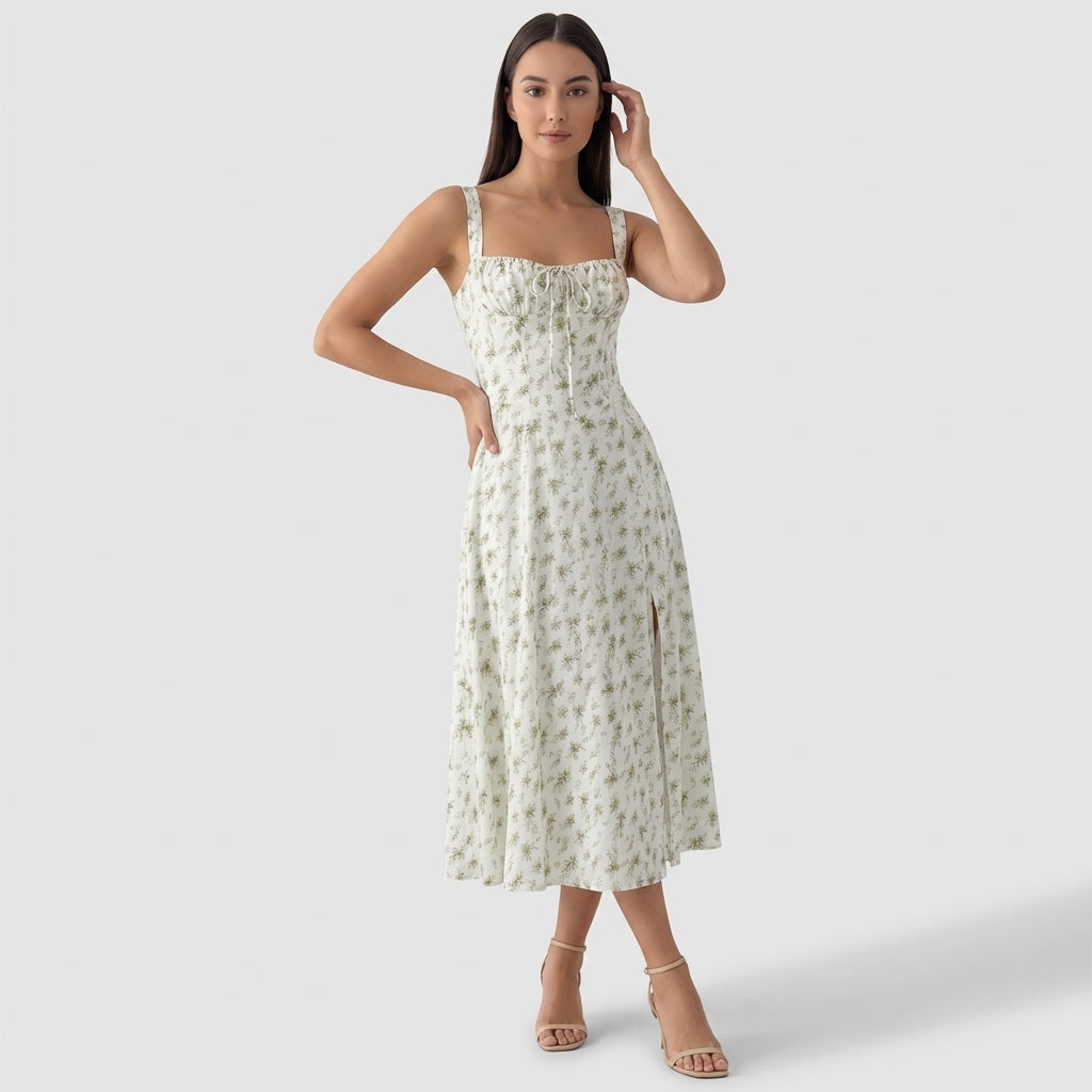 Rivaclo | Femme Robe Midi Ajustée à Col Carré – Silhouette Sans Manches