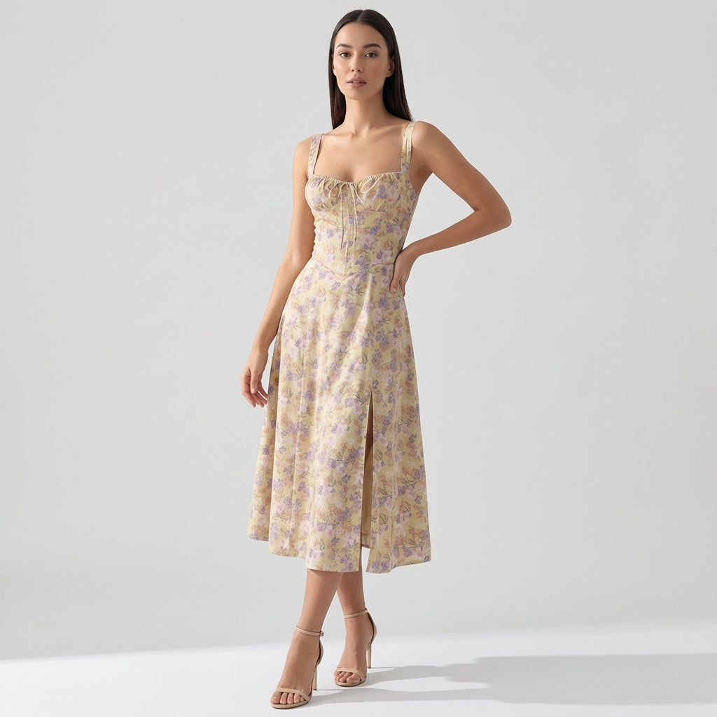 Rivaclo | Femme Robe Midi Ajustée à Col Carré – Silhouette Sans Manches
