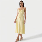 Rivaclo | Femme Robe Midi Ajustée à Col Carré – Silhouette Sans Manches