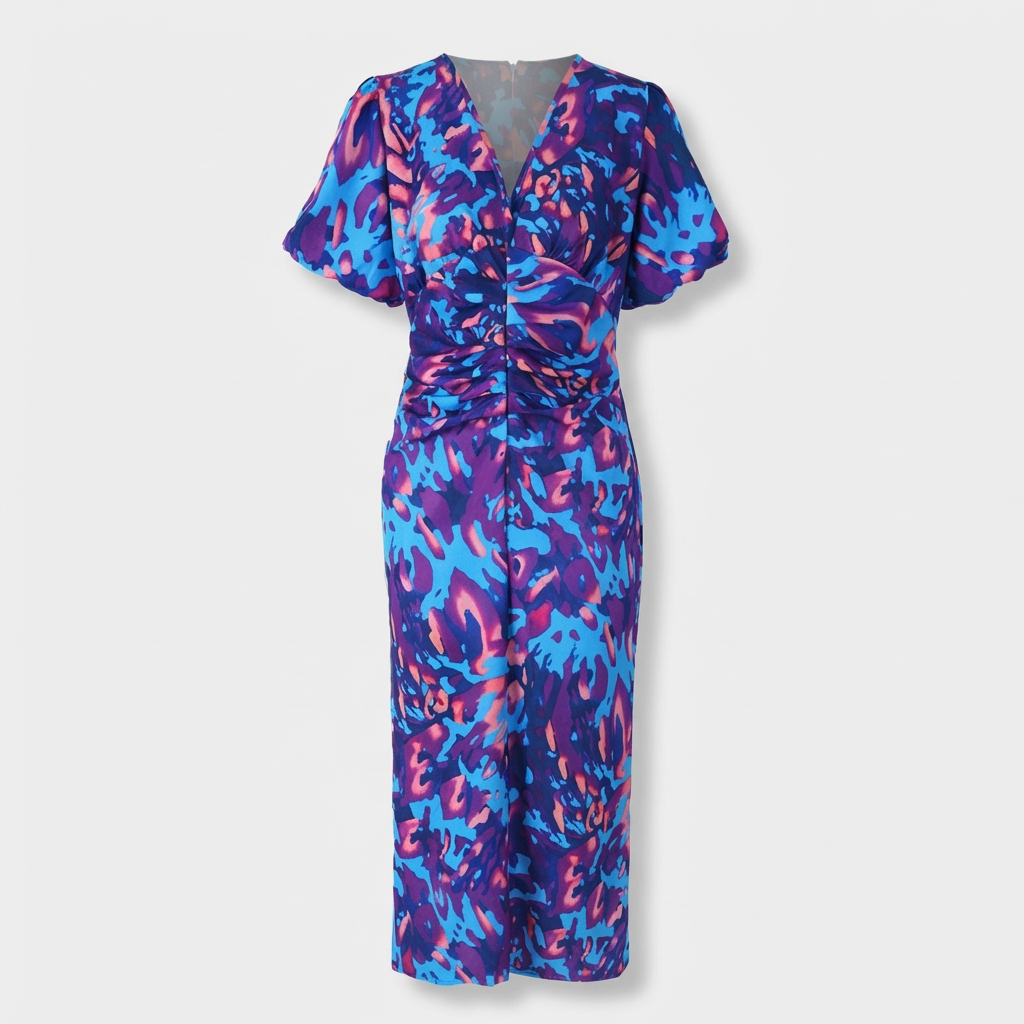 Rivaclo | Femme Robe Imprimé Abstrait Col V Manches Courtes – Tombé Midi Fluide