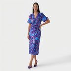 Rivaclo | Femme Robe Imprimé Abstrait Col V Manches Courtes – Tombé Midi Fluide