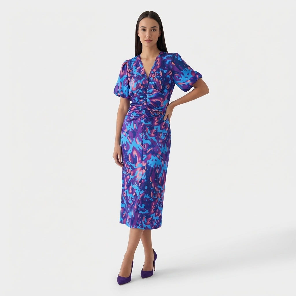 Rivaclo | Femme Robe Imprimé Abstrait Col V Manches Courtes – Tombé Midi Fluide