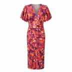 Rivaclo | Femme Robe Imprimé Abstrait Col V Manches Courtes – Tombé Midi Fluide