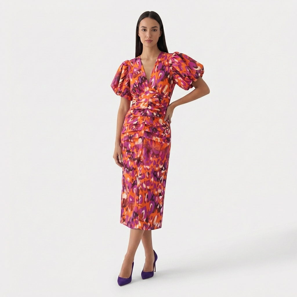 Rivaclo | Femme Robe Imprimé Abstrait Col V Manches Courtes – Tombé Midi Fluide