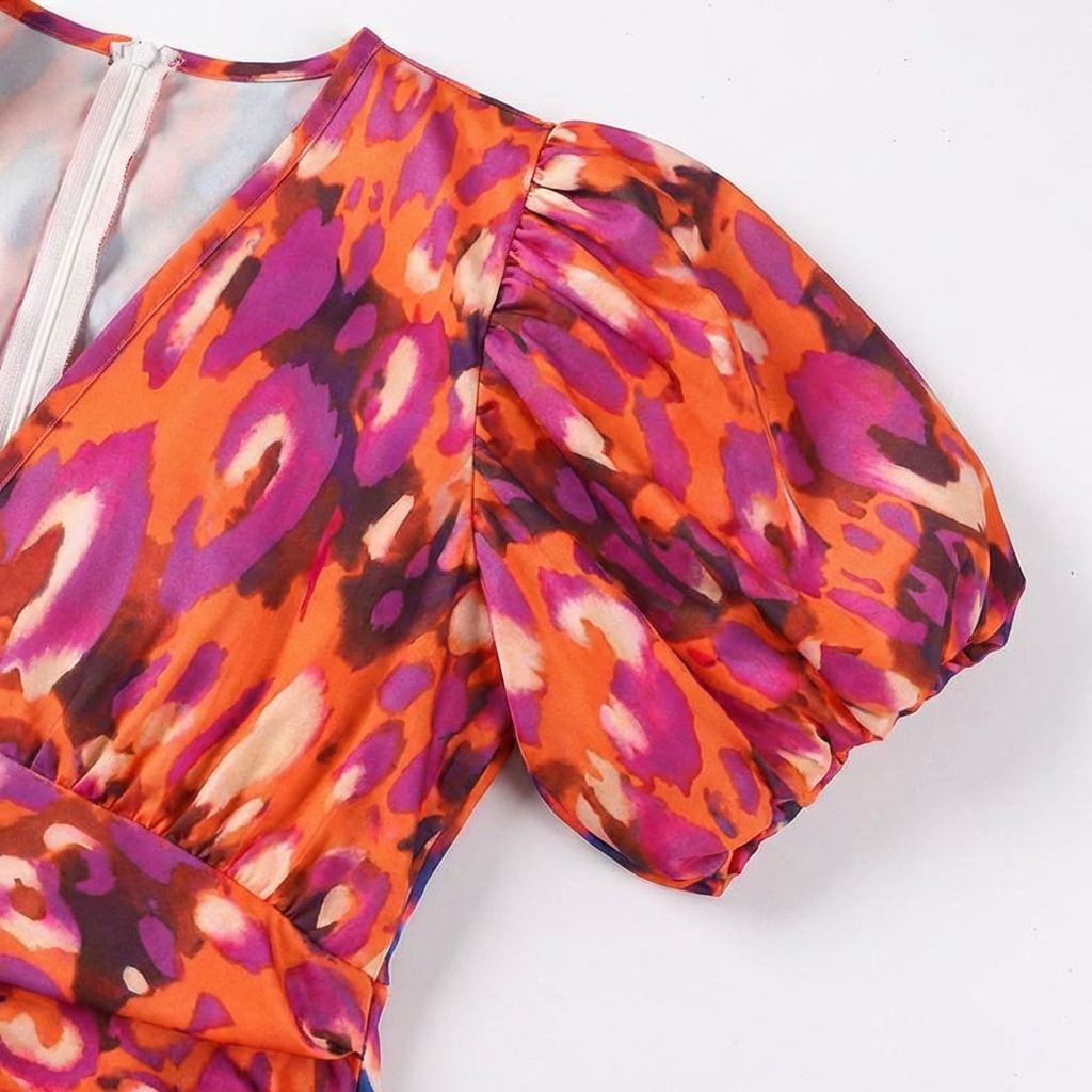 Rivaclo | Femme Robe Imprimé Abstrait Col V Manches Courtes – Tombé Midi Fluide
