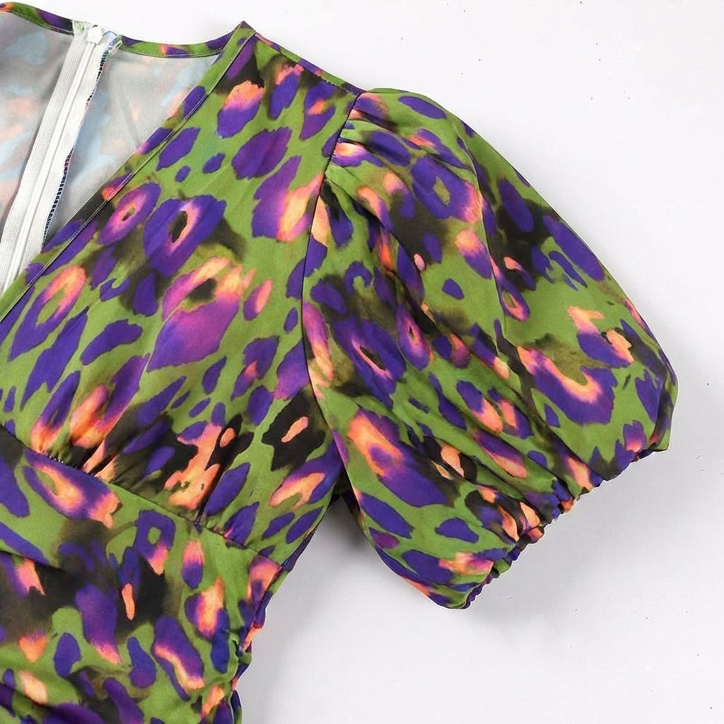Rivaclo | Femme Robe Imprimé Abstrait Col V Manches Courtes – Tombé Midi Fluide