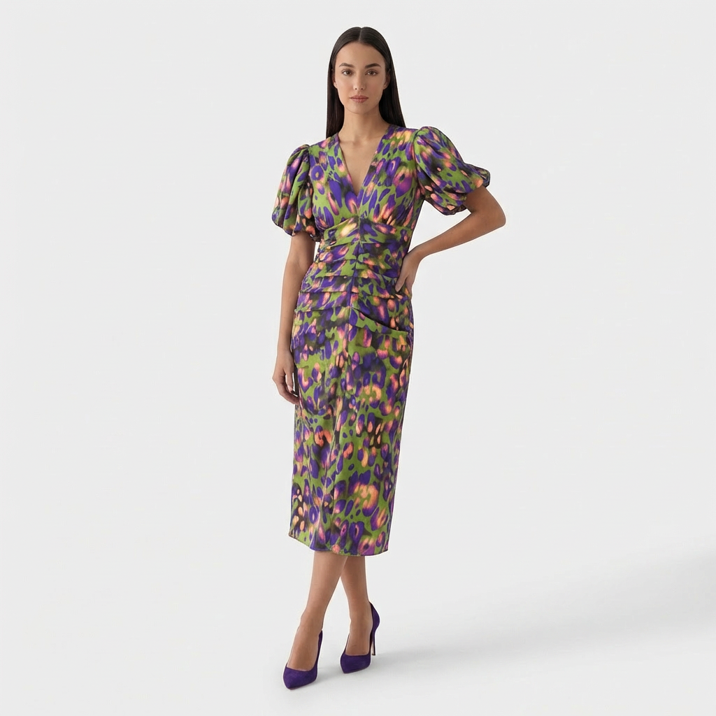 Rivaclo | Femme Robe Imprimé Abstrait Col V Manches Courtes – Tombé Midi Fluide