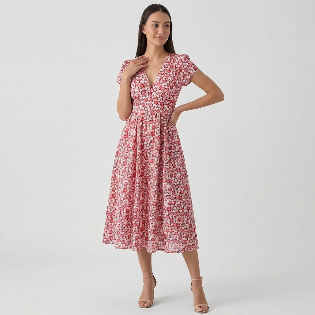 Rivaclo | Women's Short Sleeve V-Neck Dress with Pockets – Midi Shape