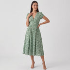 Rivaclo | Women's Short Sleeve V-Neck Dress with Pockets – Midi Shape