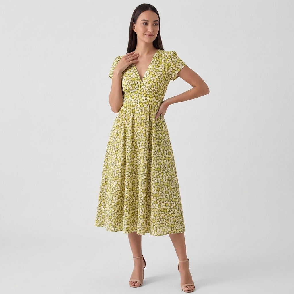 Rivaclo | Women's Short Sleeve V-Neck Dress with Pockets – Midi Shape