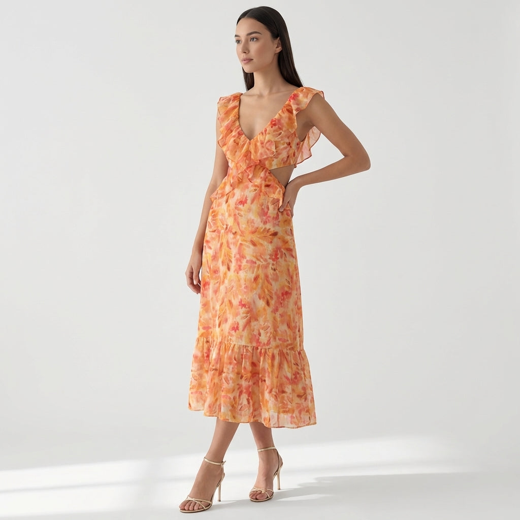 Rivaclo | Femme Robe Florale à Découpe Col V Sans Manches – Tombé Maxi Fluide