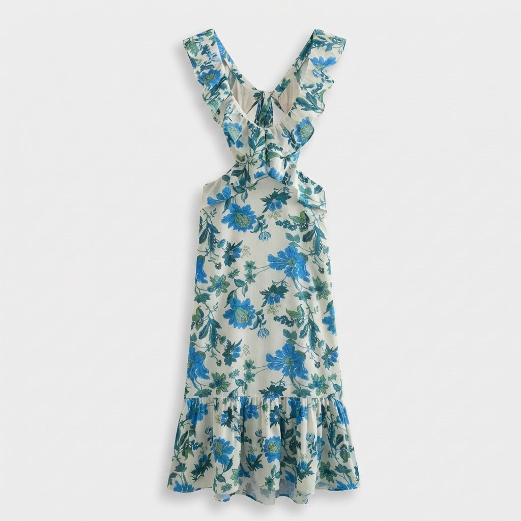 Rivaclo | Femme Robe Florale à Découpe Col V Sans Manches – Tombé Maxi Fluide