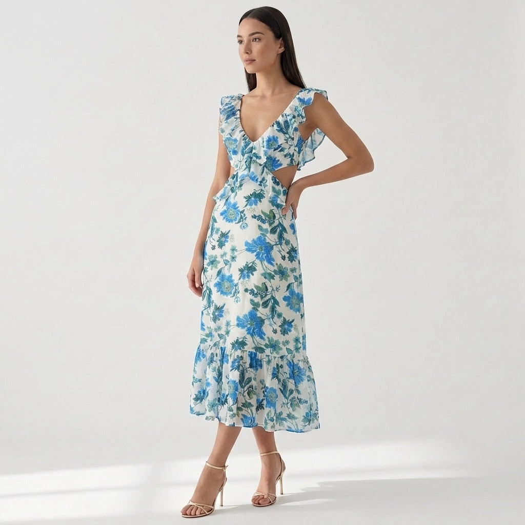 Rivaclo | Femme Robe Florale à Découpe Col V Sans Manches – Tombé Maxi Fluide