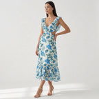 Rivaclo | Femme Robe Florale à Découpe Col V Sans Manches – Tombé Maxi Fluide