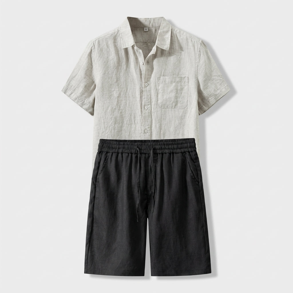 Rivaclo | Homme Ensemble Chemise Manches Courtes et Short – Estivale Beige Noir