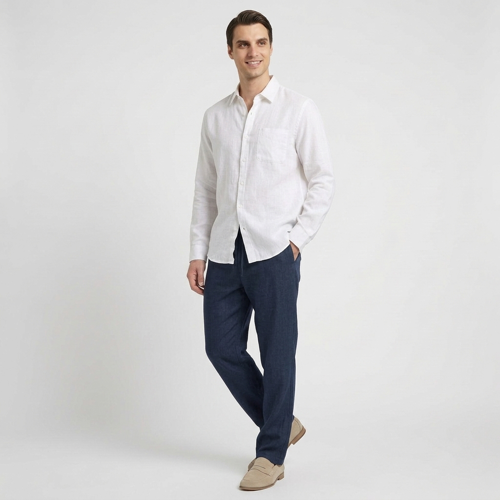 Rivaclo | Homme Ensemble Chemise Manches Longues et Pantalon – Taille Élastique Blanc Bleu