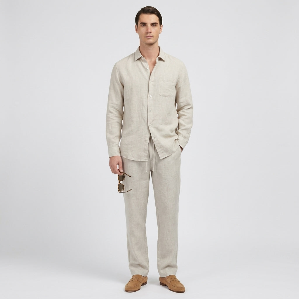 Rivaclo | Men's Long Sleeve Shirt and Pants Set – Beige Elastic Waist