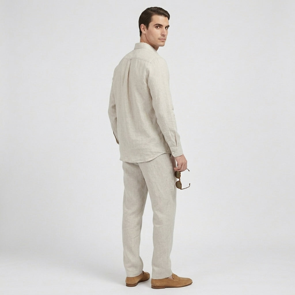 Rivaclo | Men's Long Sleeve Shirt and Pants Set – Beige Elastic Waist
