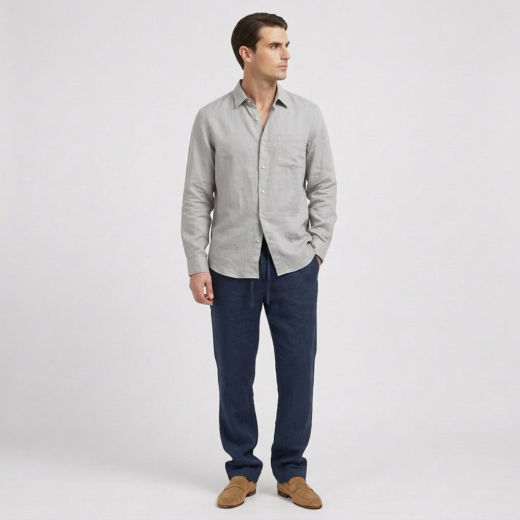 Rivaclo | Homme Ensemble Chemise Manches Longues et Pantalon – Taille Élastique Gris Bleu