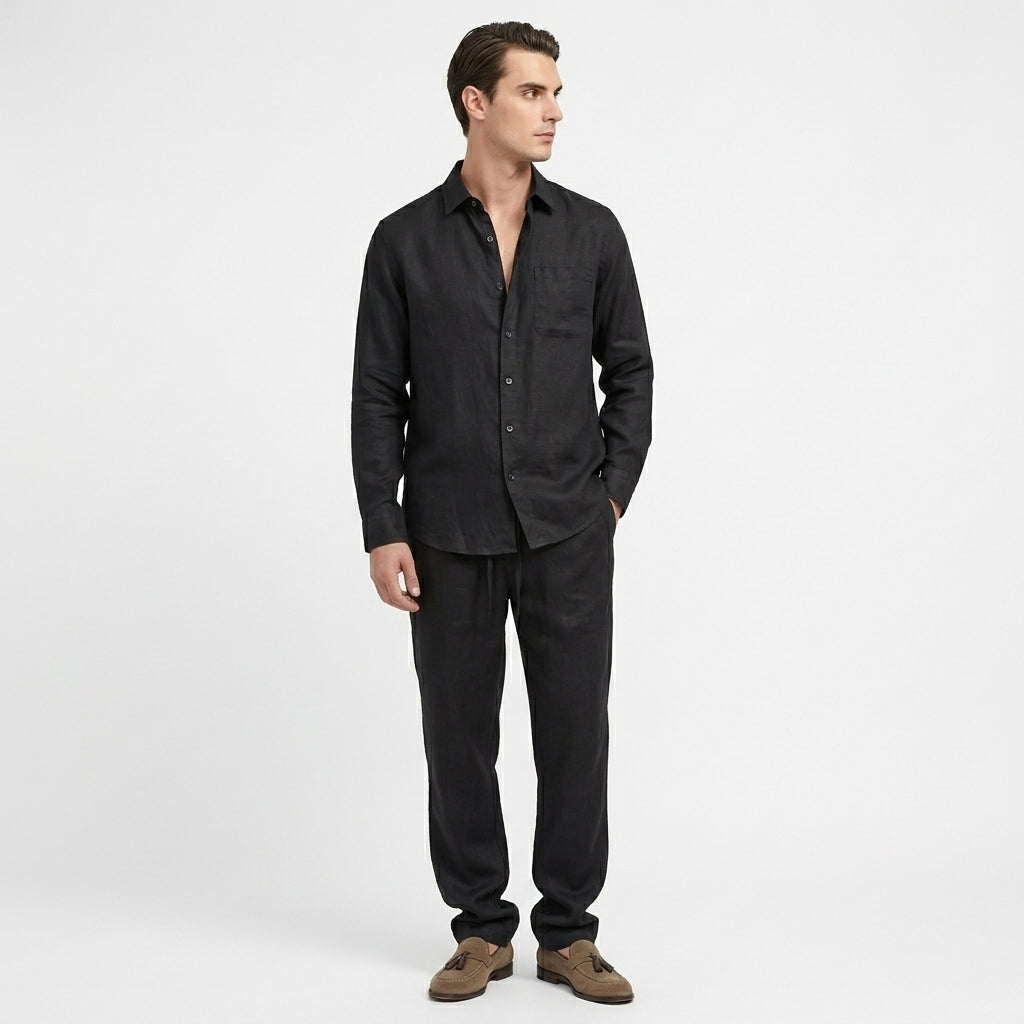 Rivaclo | Men's Long Sleeve Shirt and Pants Set – Black Elastic Waist