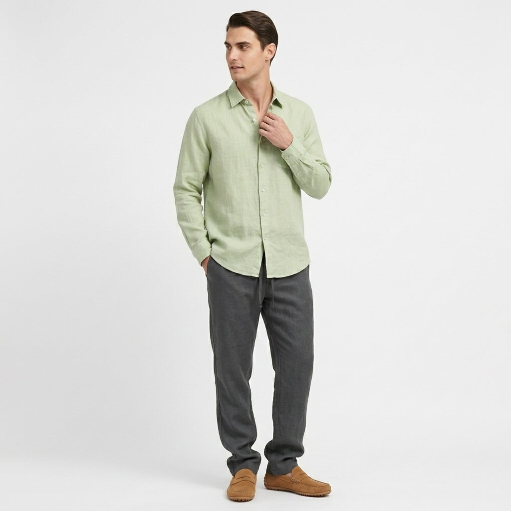 Rivaclo | Men's Long Sleeve Shirt and Pants Set – Light Gray Green Elastic Waist