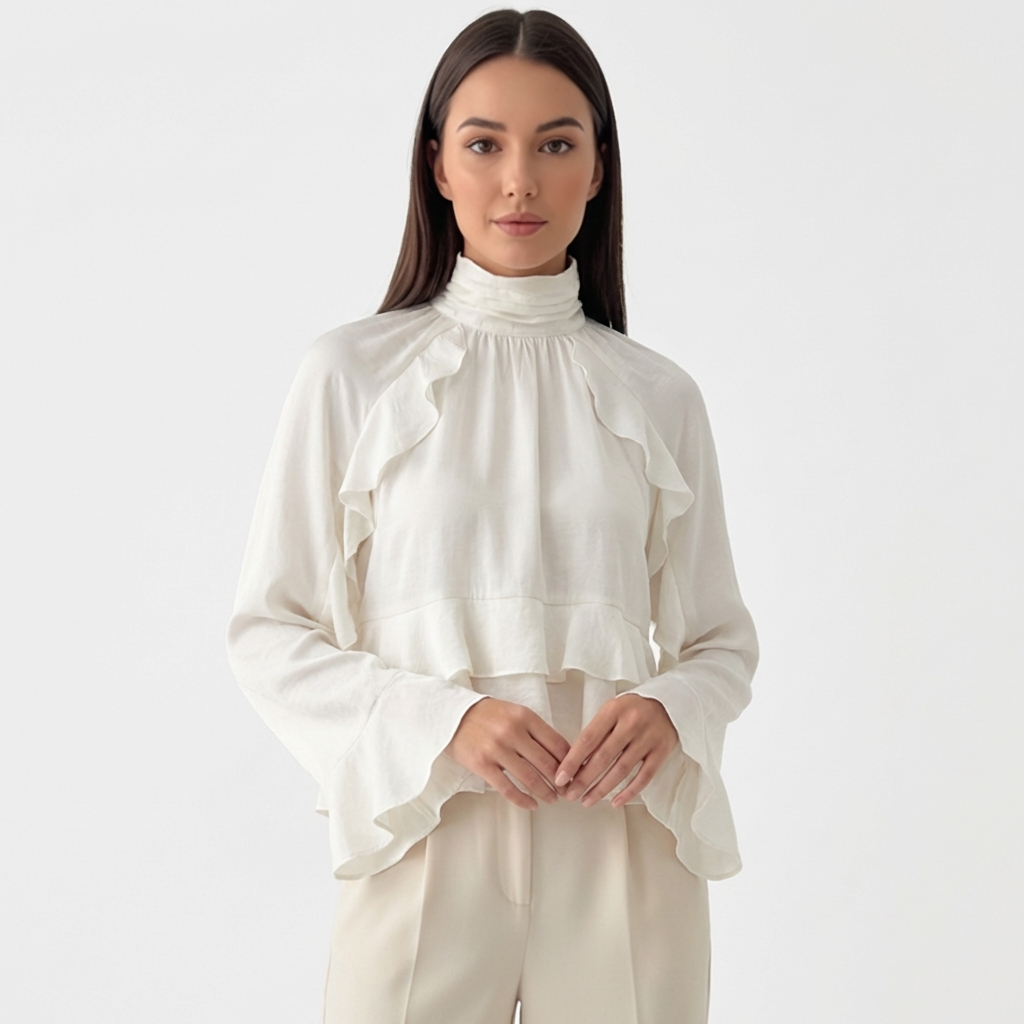 Rivaclo | Women's Ruffled High Neck Blouse – Flowing Silhouette