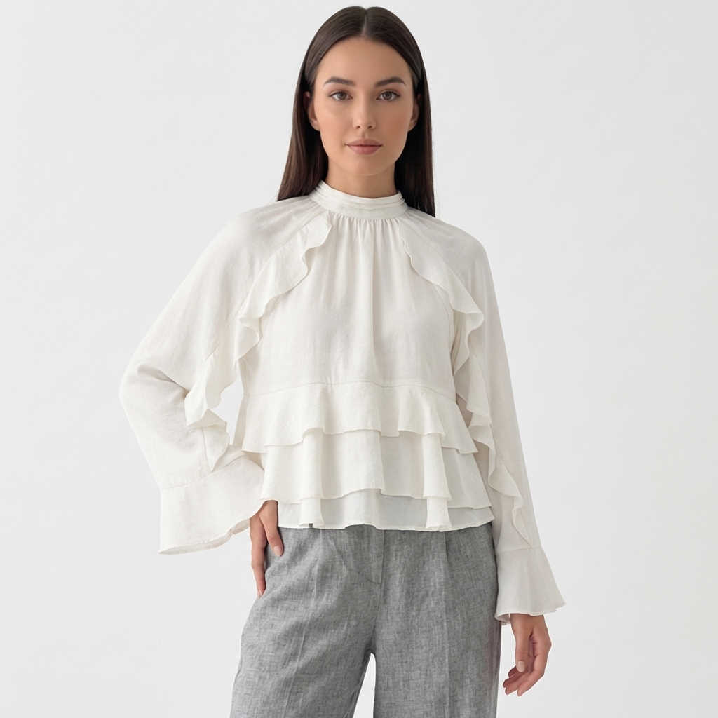 Rivaclo | Women's Ruffled High Neck Blouse – Flowing Silhouette