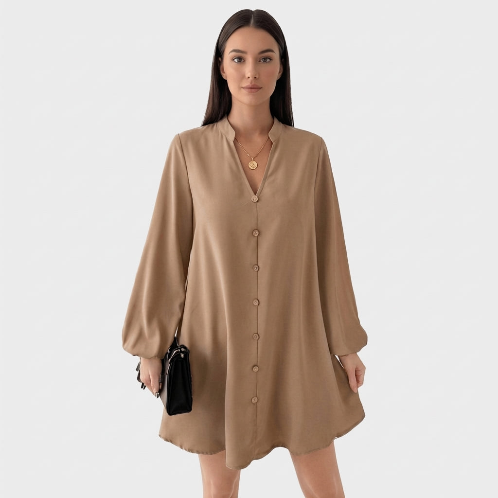 Rivaclo | Femme Robe Chemise Manches Longues Col V – Design Mini