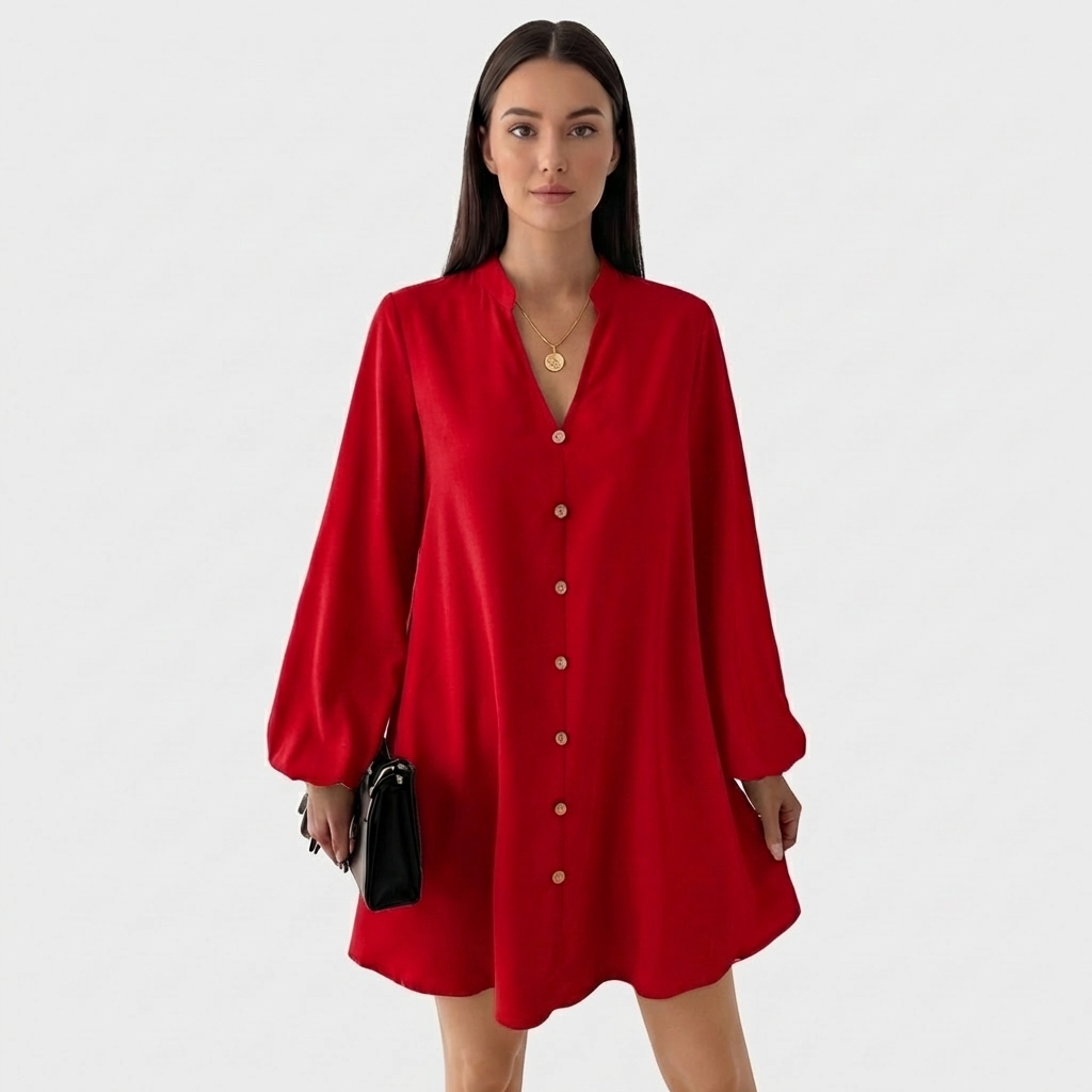 Rivaclo | Femme Robe Chemise Manches Longues Col V – Design Mini