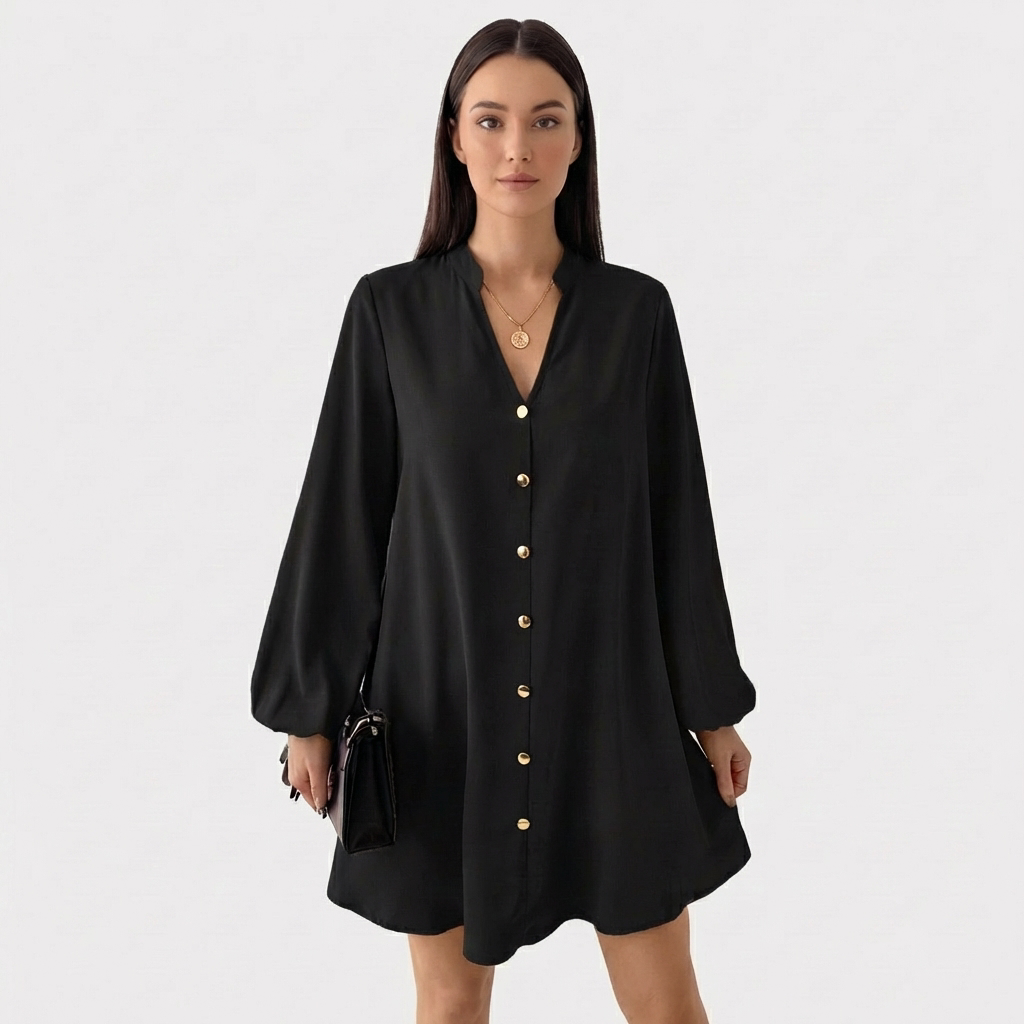 Rivaclo | Femme Robe Chemise Manches Longues Col V – Design Mini