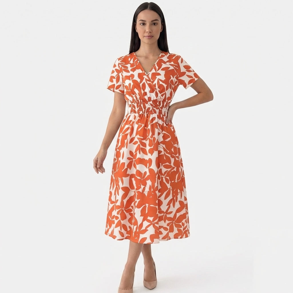 Rivaclo | Women's V-Neck Patterned Dress – Midi Style