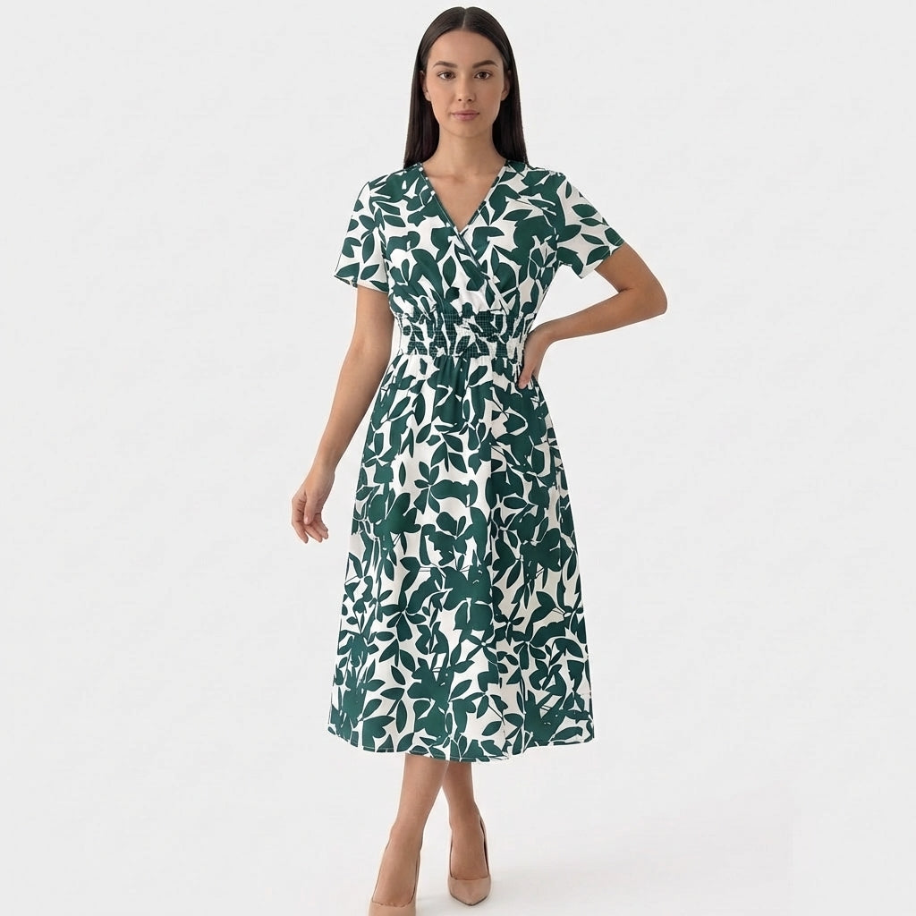 Rivaclo | Women's V-Neck Patterned Dress – Midi Style