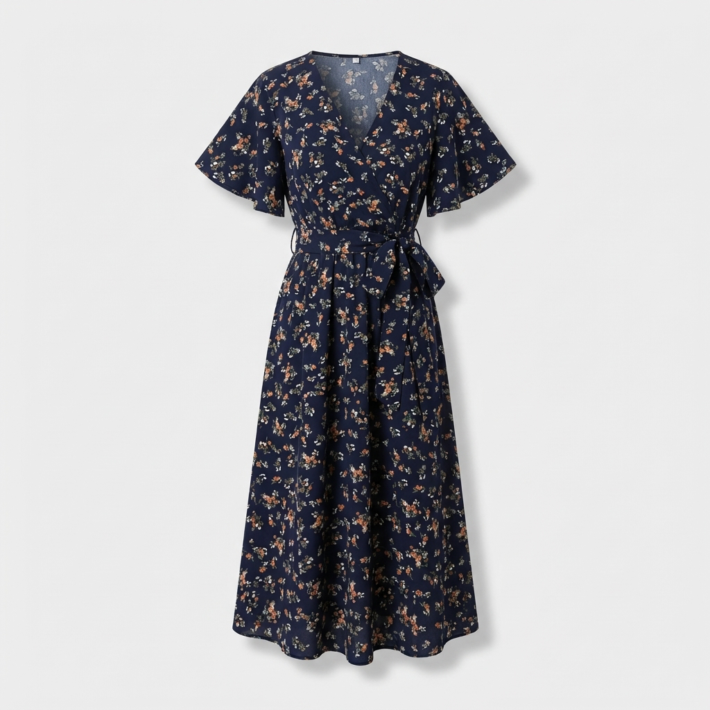 Rivaclo | Femme Robe Florale Taille Nouée – Style Midi à Col V