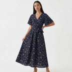 Rivaclo | Femme Robe Florale Taille Nouée – Style Midi à Col V