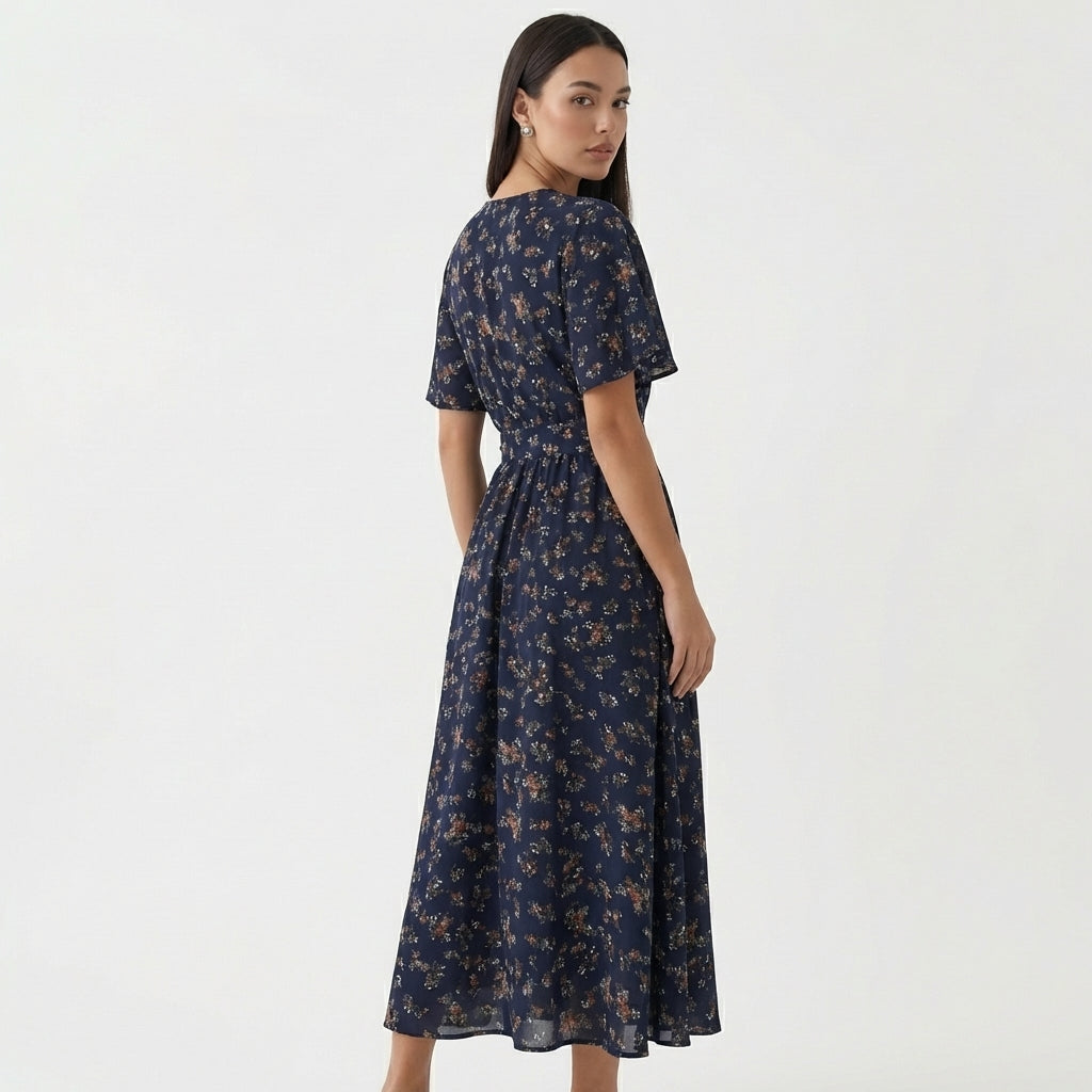 Rivaclo | Femme Robe Florale Taille Nouée – Style Midi à Col V