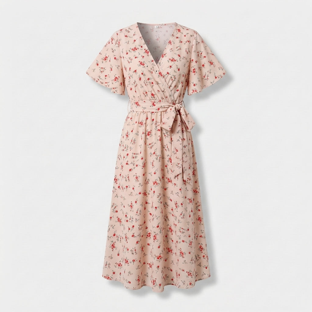 Rivaclo | Femme Robe Florale Taille Nouée – Style Midi à Col V