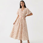 Rivaclo | Femme Robe Florale Taille Nouée – Style Midi à Col V