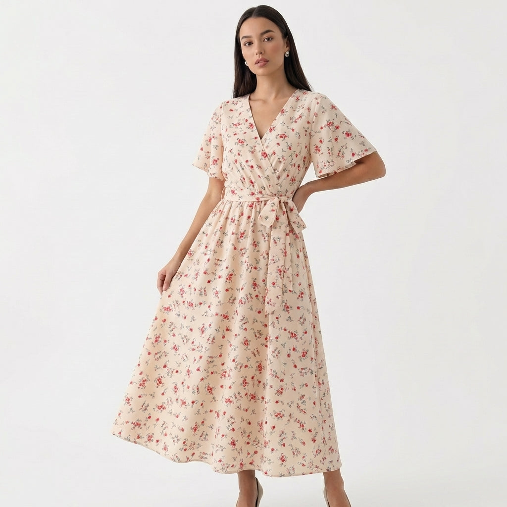 Rivaclo | Femme Robe Florale Taille Nouée – Style Midi à Col V