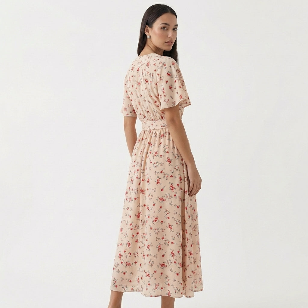 Rivaclo | Femme Robe Florale Taille Nouée – Style Midi à Col V