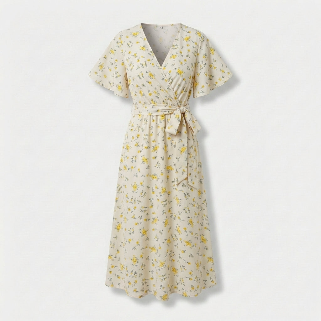 Rivaclo | Femme Robe Florale Taille Nouée – Style Midi à Col V