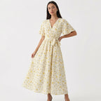 Rivaclo | Femme Robe Florale Taille Nouée – Style Midi à Col V