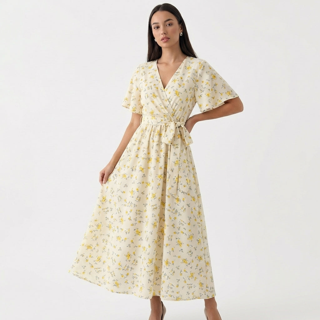 Rivaclo | Femme Robe Florale Taille Nouée – Style Midi à Col V