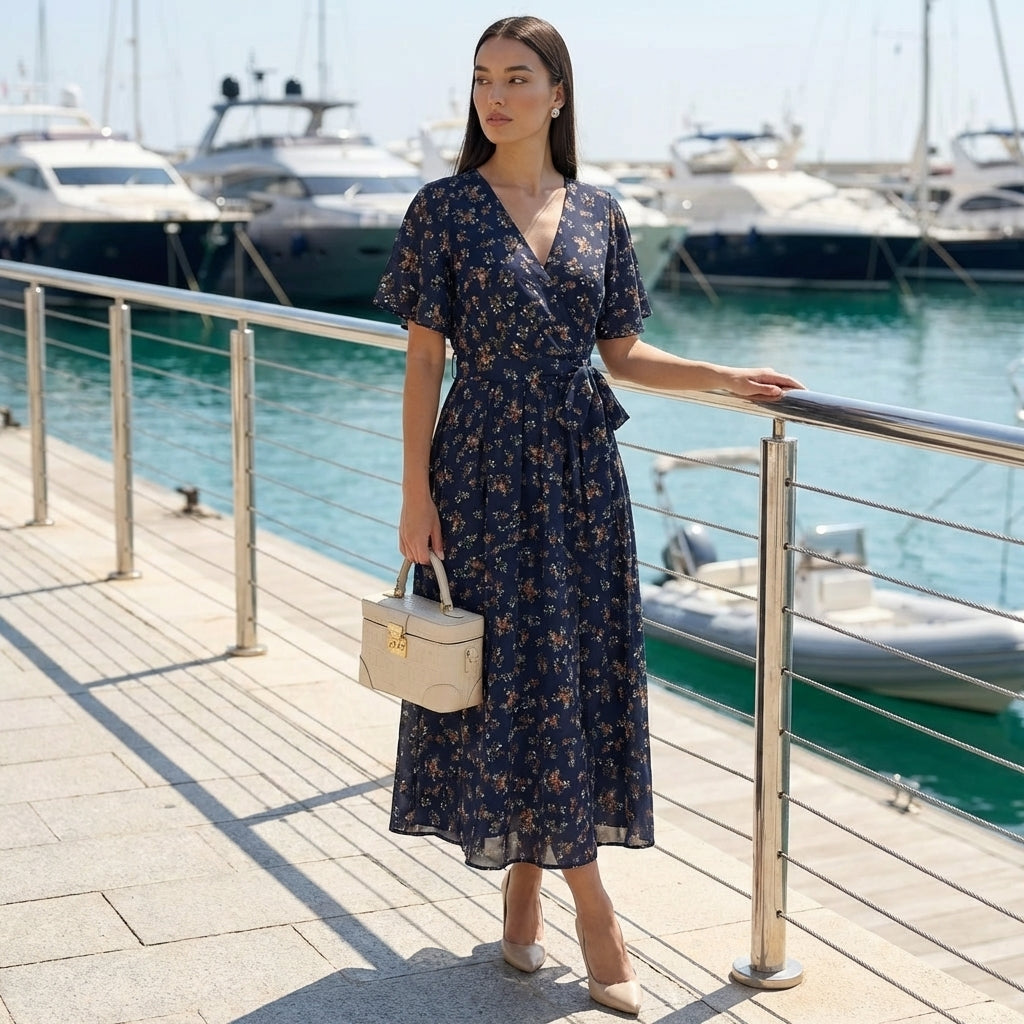 Rivaclo | Femme Robe Florale Taille Nouée – Style Midi à Col V