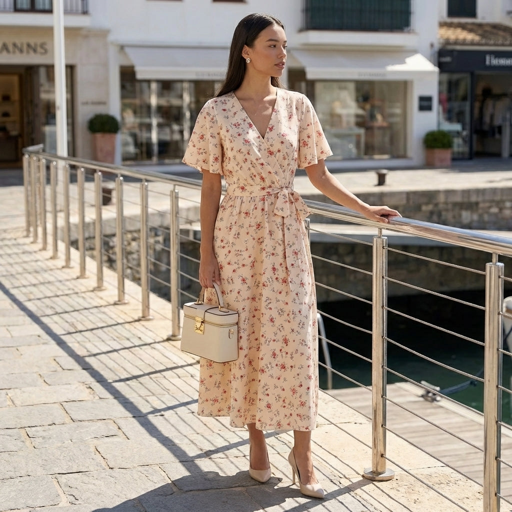 Rivaclo | Femme Robe Florale Taille Nouée – Style Midi à Col V