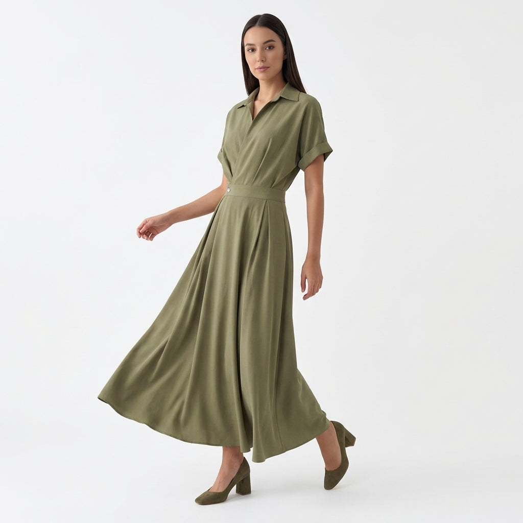 Rivaclo | Femme Robe à Col Manches Courtes Boutonnée – Maxi