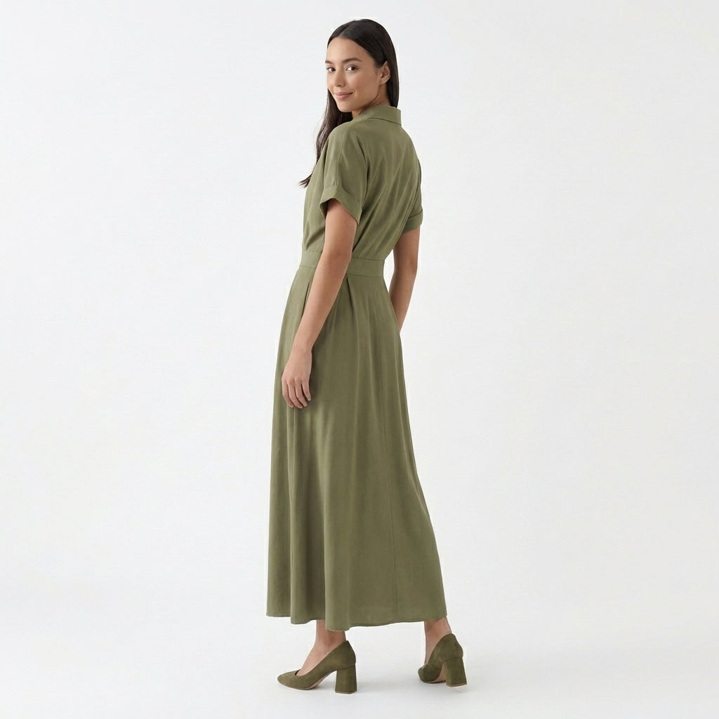 Rivaclo | Women's Short Sleeve Button-Up Dress with Collar – Maxi